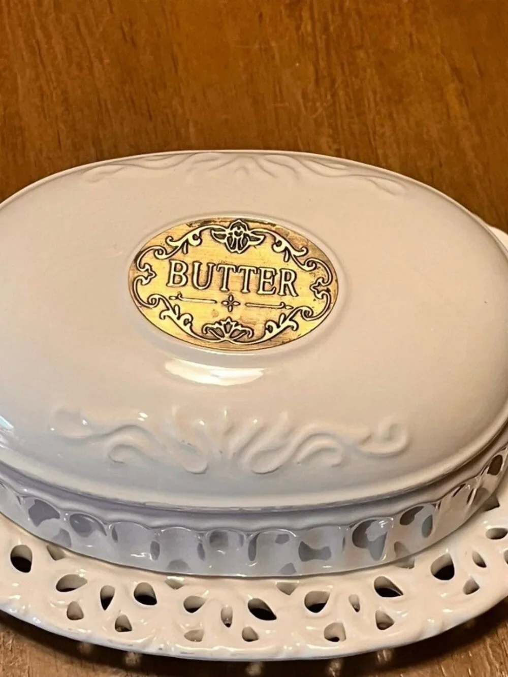 Vintage THL French Cottage Oval Butter Dish with Bronze Badge & Lattice Edging